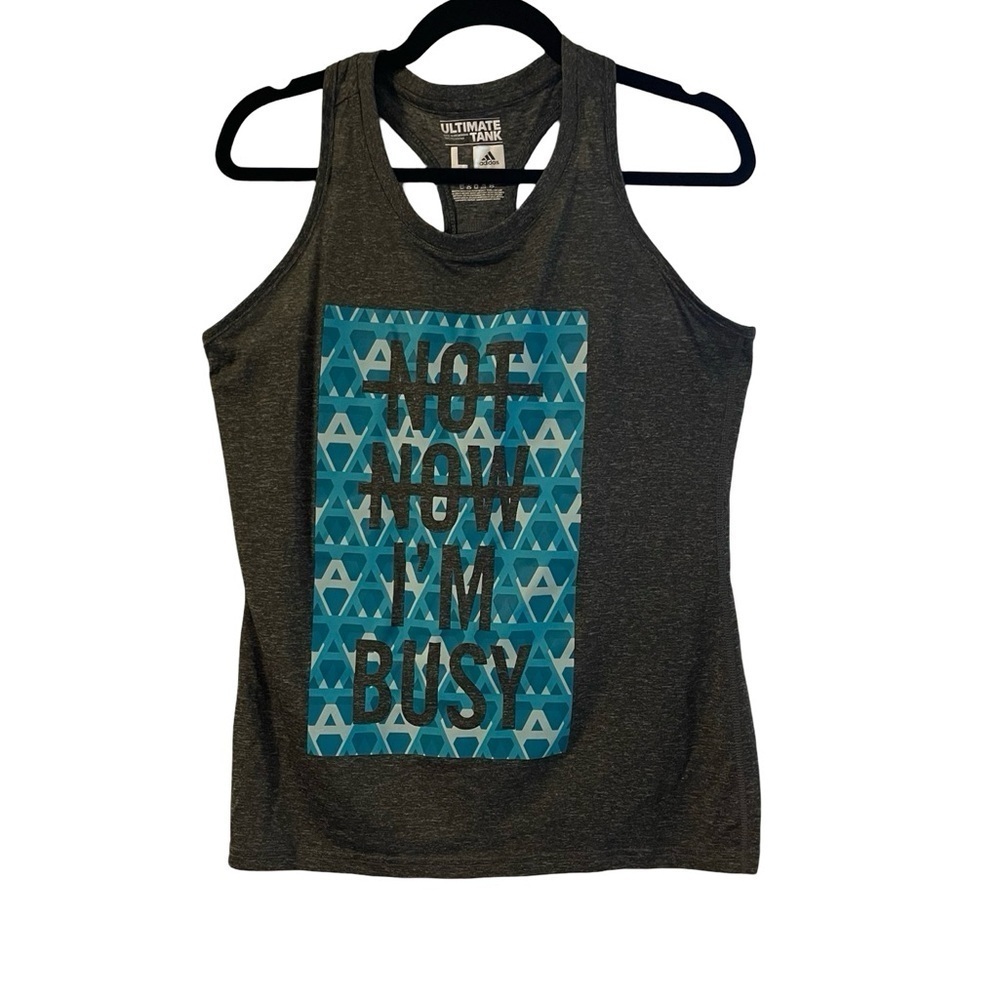 Adidas “Not Now I’m Busy” Gray/Green Colors Racerback Ultimate Tank Sz L